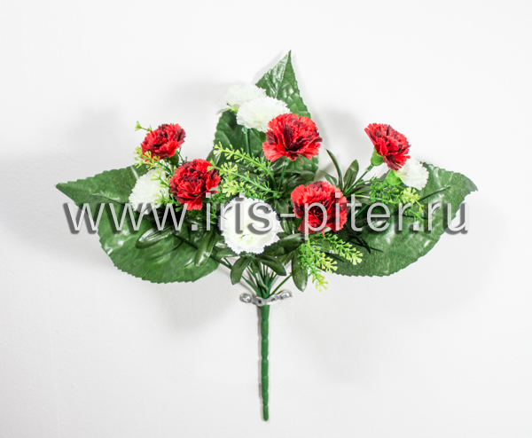 Букет гвоздика 10г красно-белая с листом 